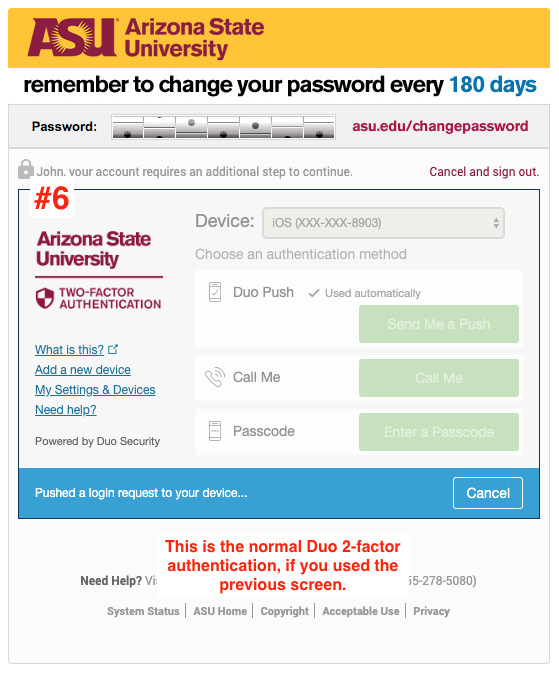 DUO Two factor authentication screen for ASU sign in