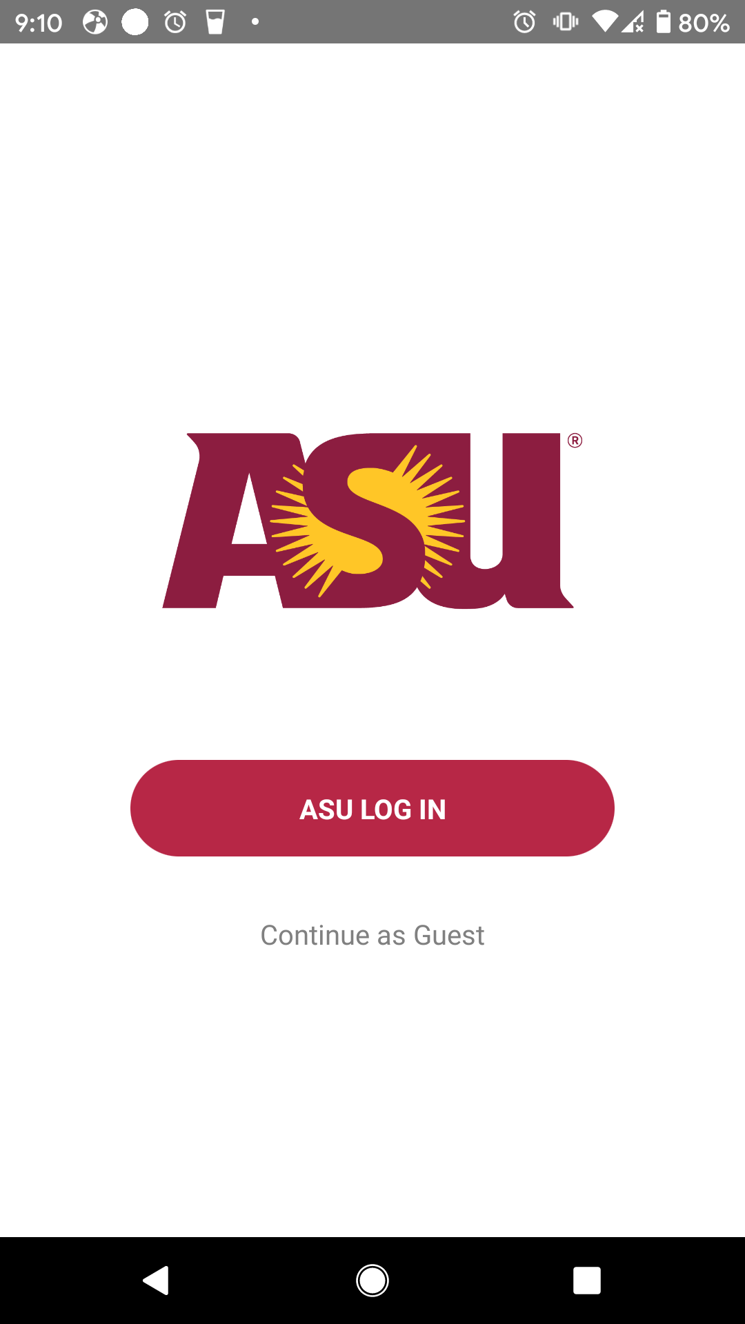ASU Mobile App Login Screen