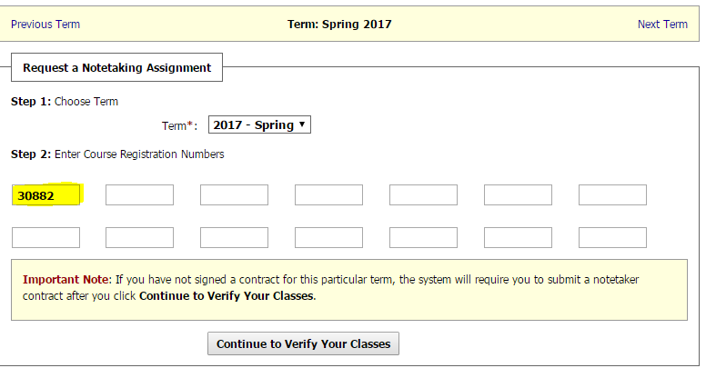 Screen shot of page where you enter your CRN to be a notetaker