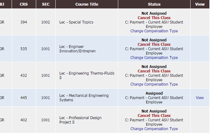 Screen shot of page the notetaker will see listing courses they have entered and potentially matched to.