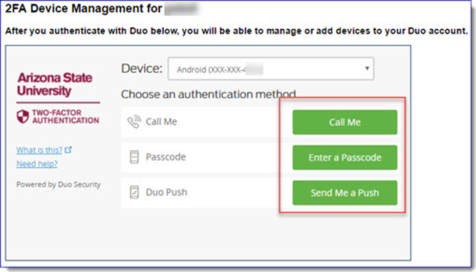 Duo authentication options screen