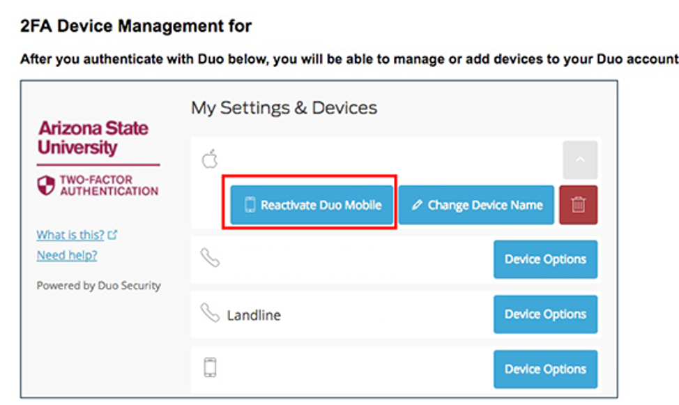 Duo screen with option to reactivate duo mobile highlighted