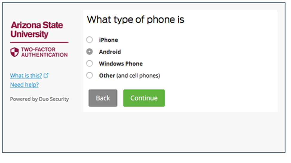 Device type selection screen