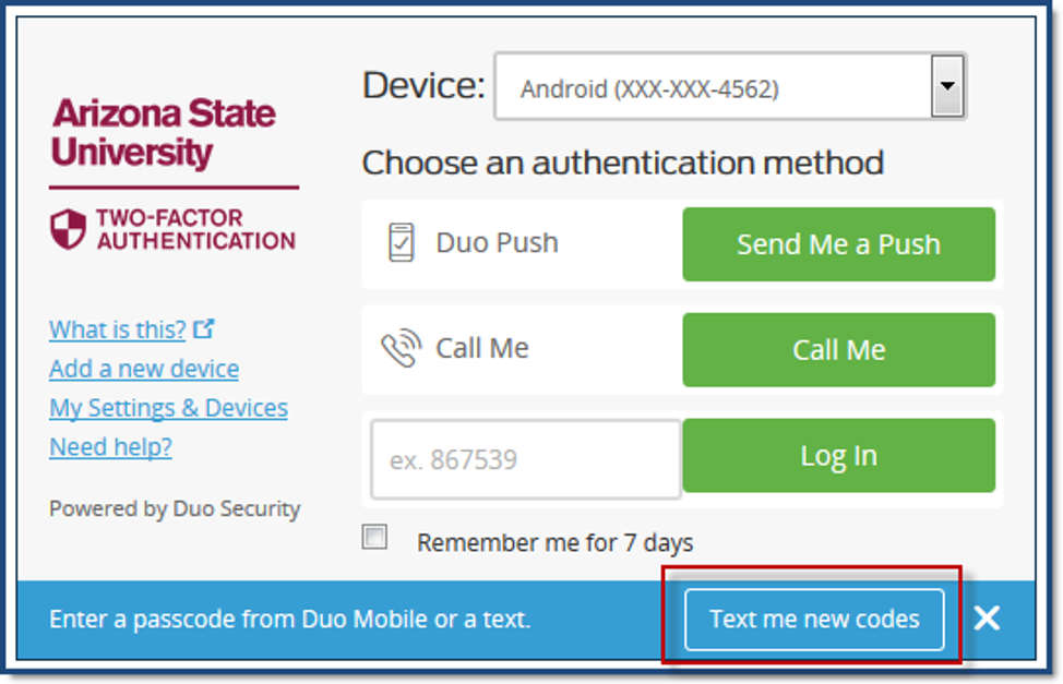 Duo text me codes option highlighted on duo authentication page