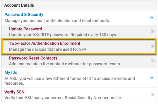 Enrollment link for DUO within the Account details box