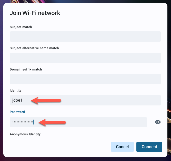 Wi-Fi settings dialog with fields filled in for asu.