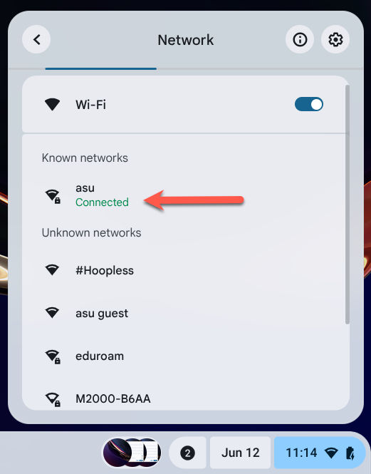 Image showing successful connection status for "asu" network in the list of available WiFi networks.