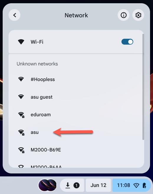 List of Wi-Fi networks with "asu" highlighted.