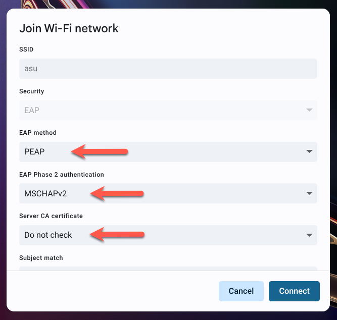 Wi-Fi settings dialog with fields filled in for asu.