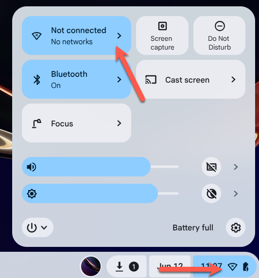Chromebook Quick Settings panel open after clicking the status tray, showing the Wi-Fi icon.