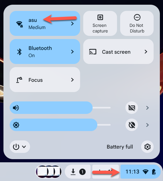 Image showing successful connection status for "asu" network in the Quick Settings panel.