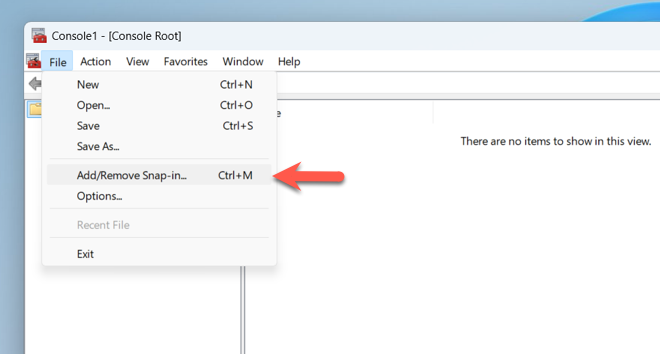 MMC window with Add/Remove Snap-in highlighted under the File menu.