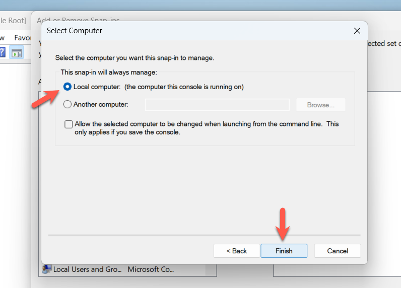 "Local computer" option selected in the Select Computer window.