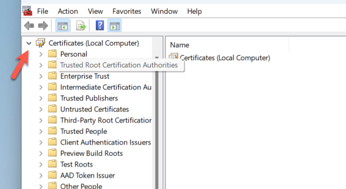 Expanded certificates tree showing various folders.
