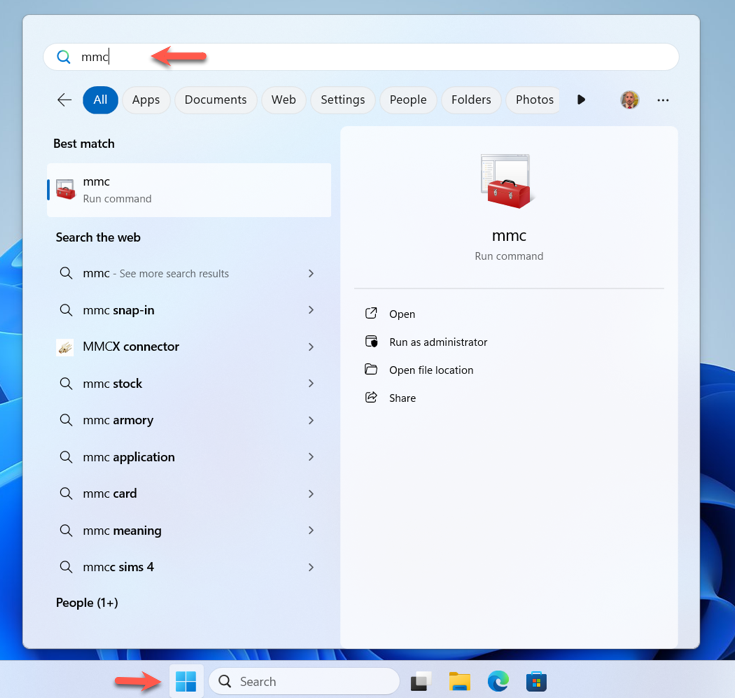 Start menu with "mmc" typed in the search bar.
