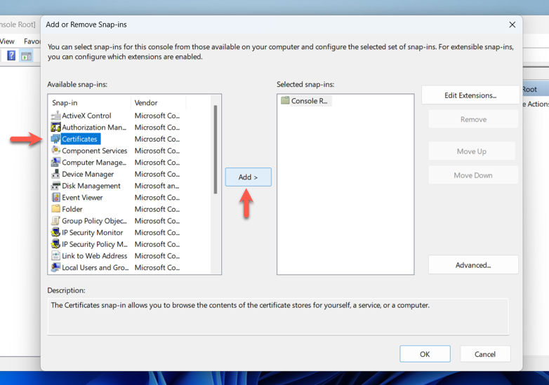 "Certificates" highlighted in the list of available snap-ins.