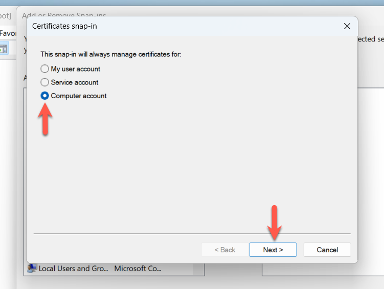 Certificate snap-in dialog showing "Computer account" selected.