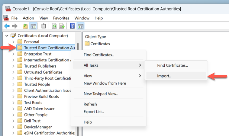 Context menu showing "Import" selected under "All Tasks."