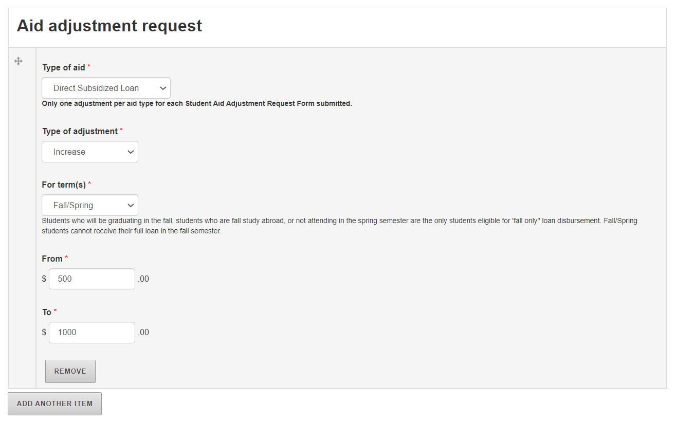 Example of Student Aid Adjustment form
