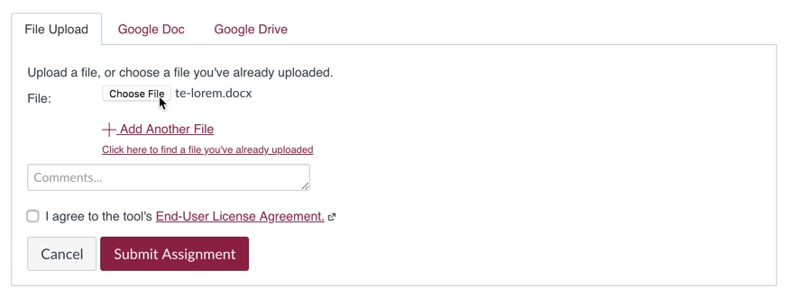 Click the button that says choose file to open a new window. Browse for and attach your file for submission.