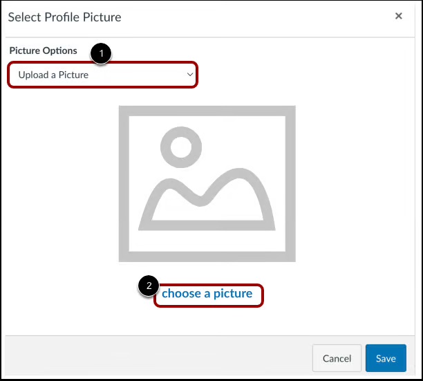 Screenshot: Canvas Profile Picture upload tab.