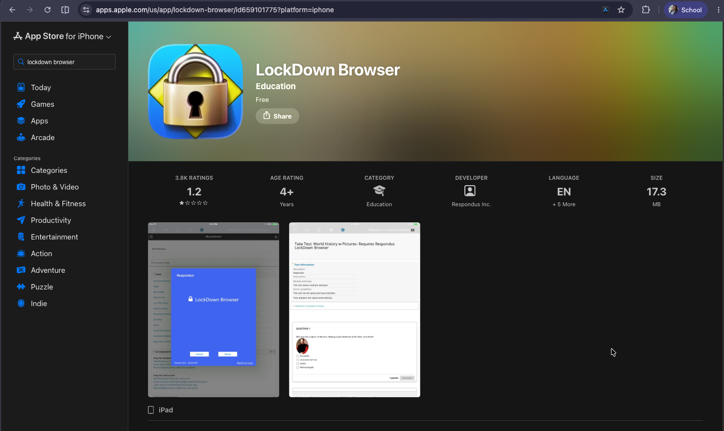 Screenshot of apple app store showing Lockdown Browser app