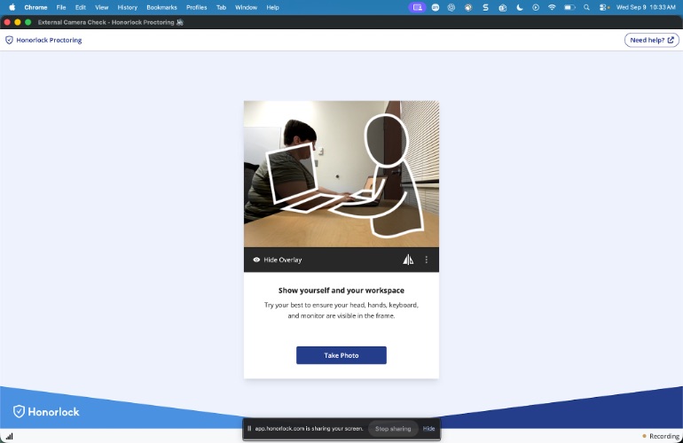 Honorlock overlay after mirroring.