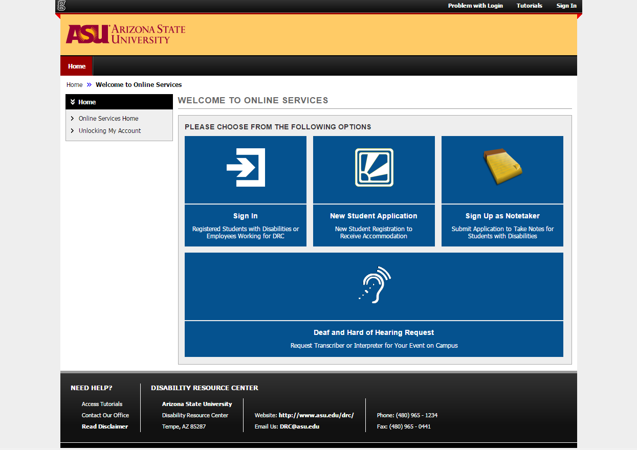 This image shows what the web page you are directed to when you click to request services. This page shows three boxes; the left box is to sign in if you already have an account, the middle box is the box you click to complete the new student application, and the third box is what you click to become a notetaker. Below the three boxes is another box for Deaf and Hard of Hearing requests.